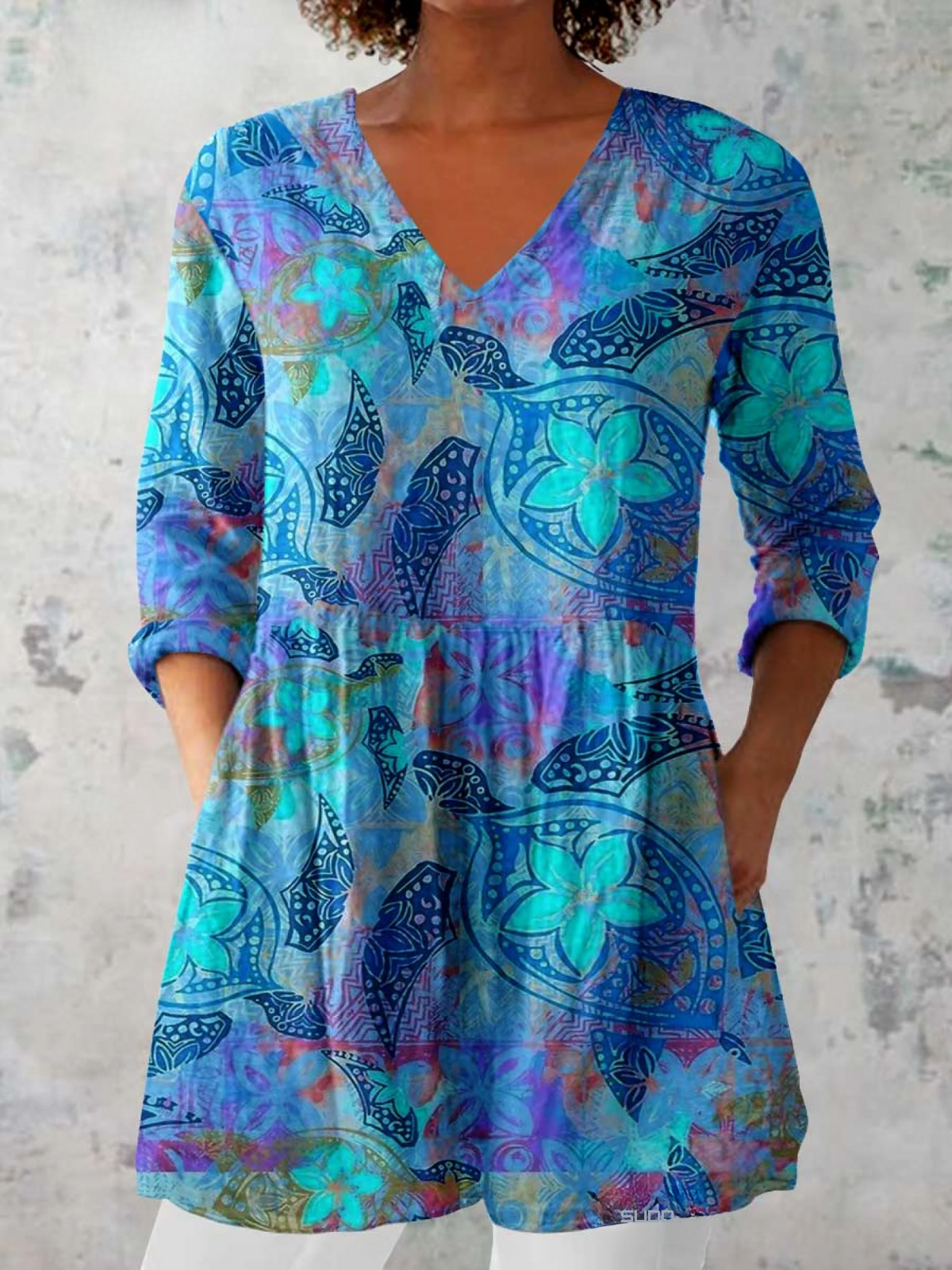 Floral Cotton-Linen Tunic – Ocean Blue