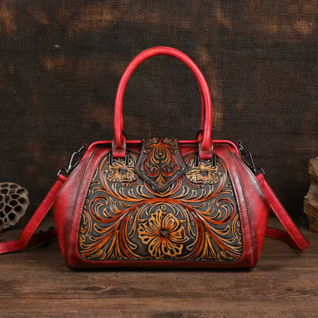 Florina - Leather Handbag with Engraving and Floral Motif