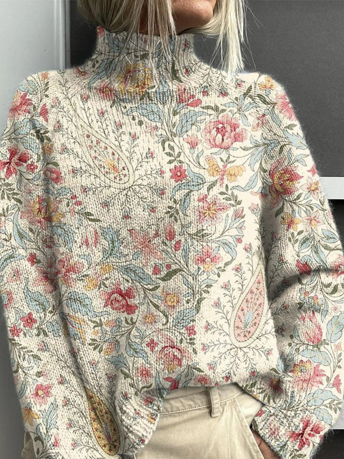 Penny™ | Vintage paisley floral knit turtleneck jumper