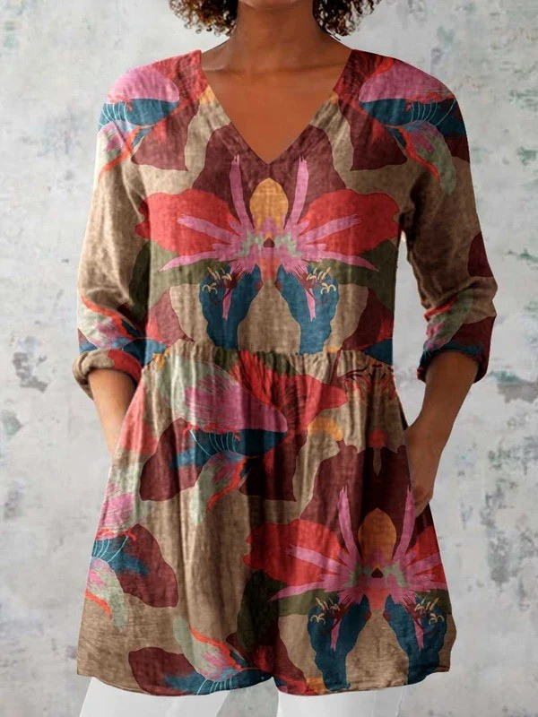 Elegant Floral Linen Tunic – Button Detail