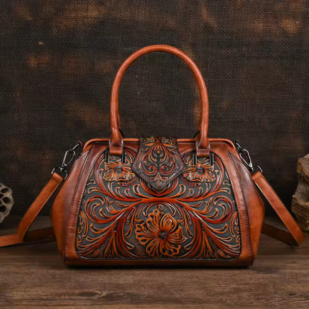 Florina - Leather Handbag with Engraving and Floral Motif