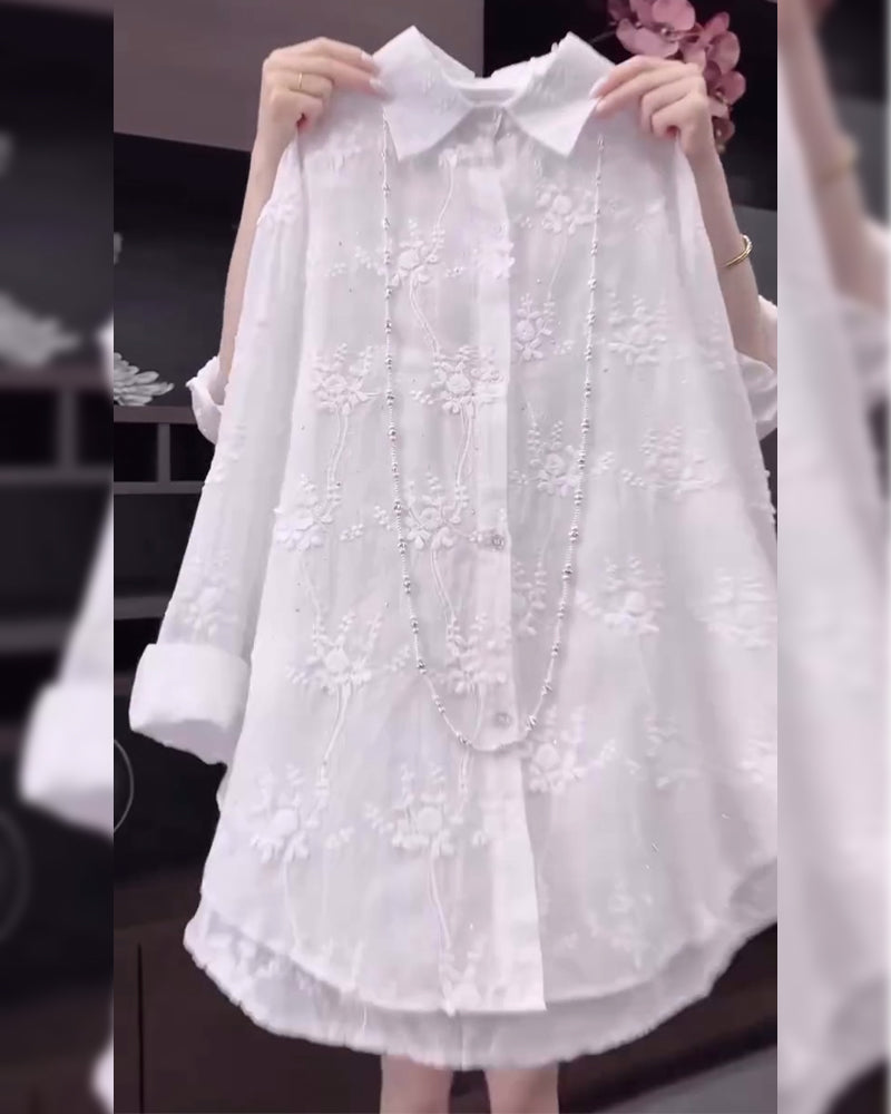 Anneliese™ | Embroidered Solid Color Shirt with Dropped Shoulders