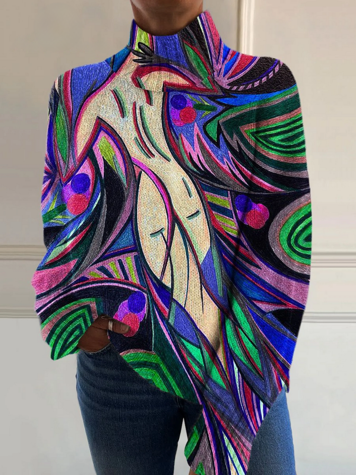Marilyn™ | Retro abstract nude print turtleneck sweater