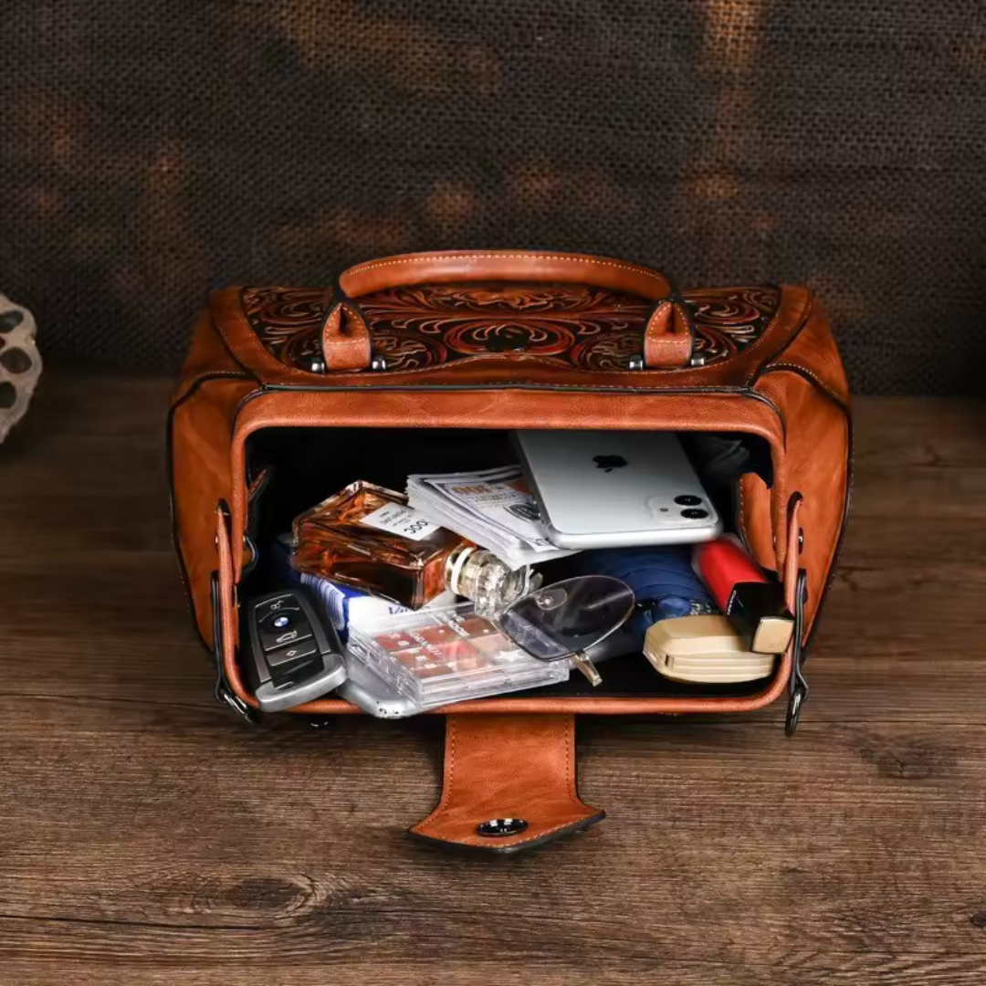 Florina - Leather Handbag with Engraving and Floral Motif