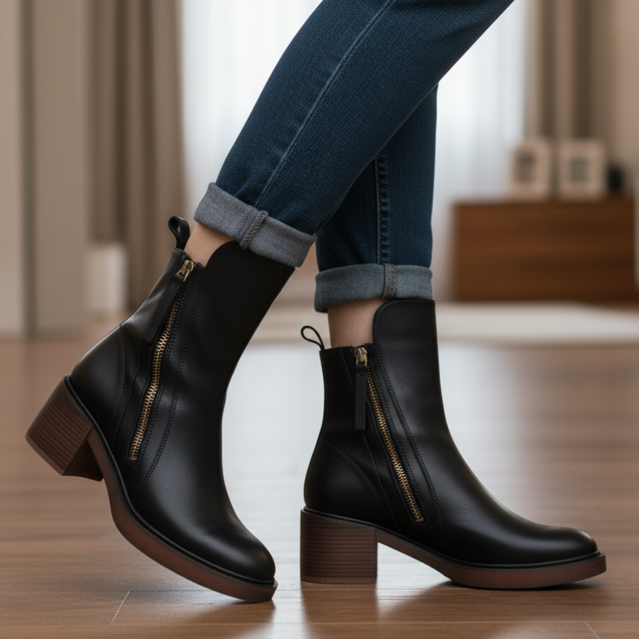 Valorine | Black leather boot with a comfortable heel, elegant and timeless