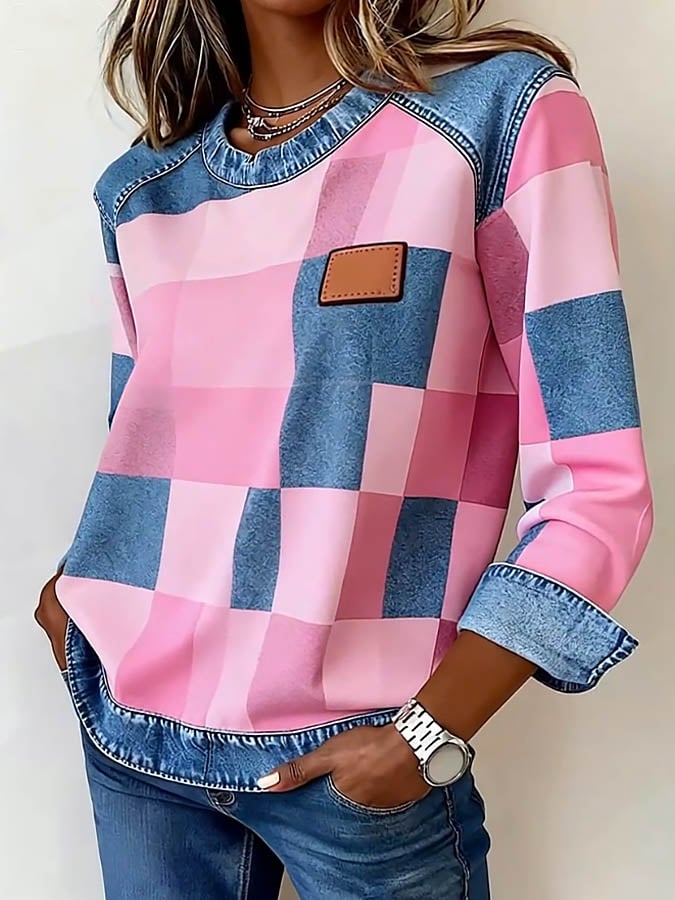 Women's Casual Round Neck Denim Patchwork Pullover Sweatshirt