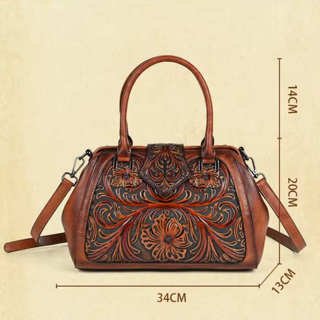 Florina - Leather Handbag with Engraving and Floral Motif
