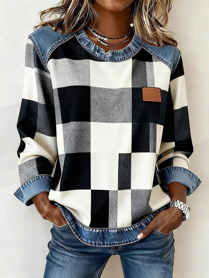Women's Casual Round Neck Denim Patchwork Pullover Sweatshirt