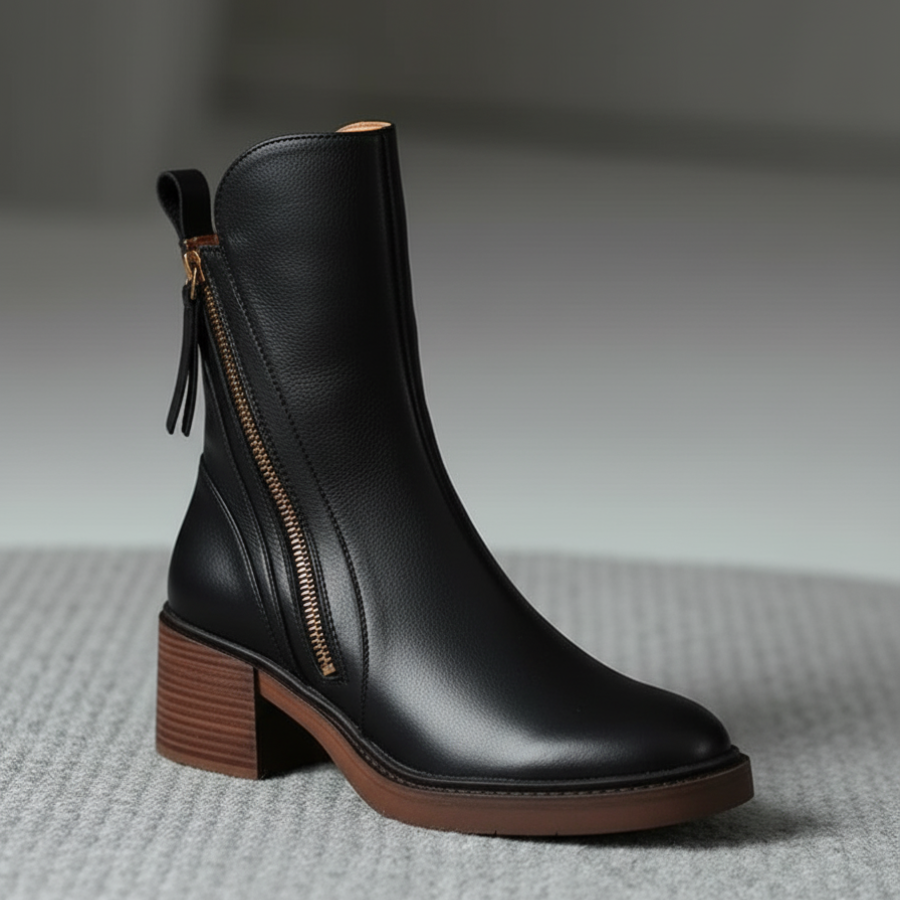 Valorine | Black leather boot with a comfortable heel, elegant and timeless