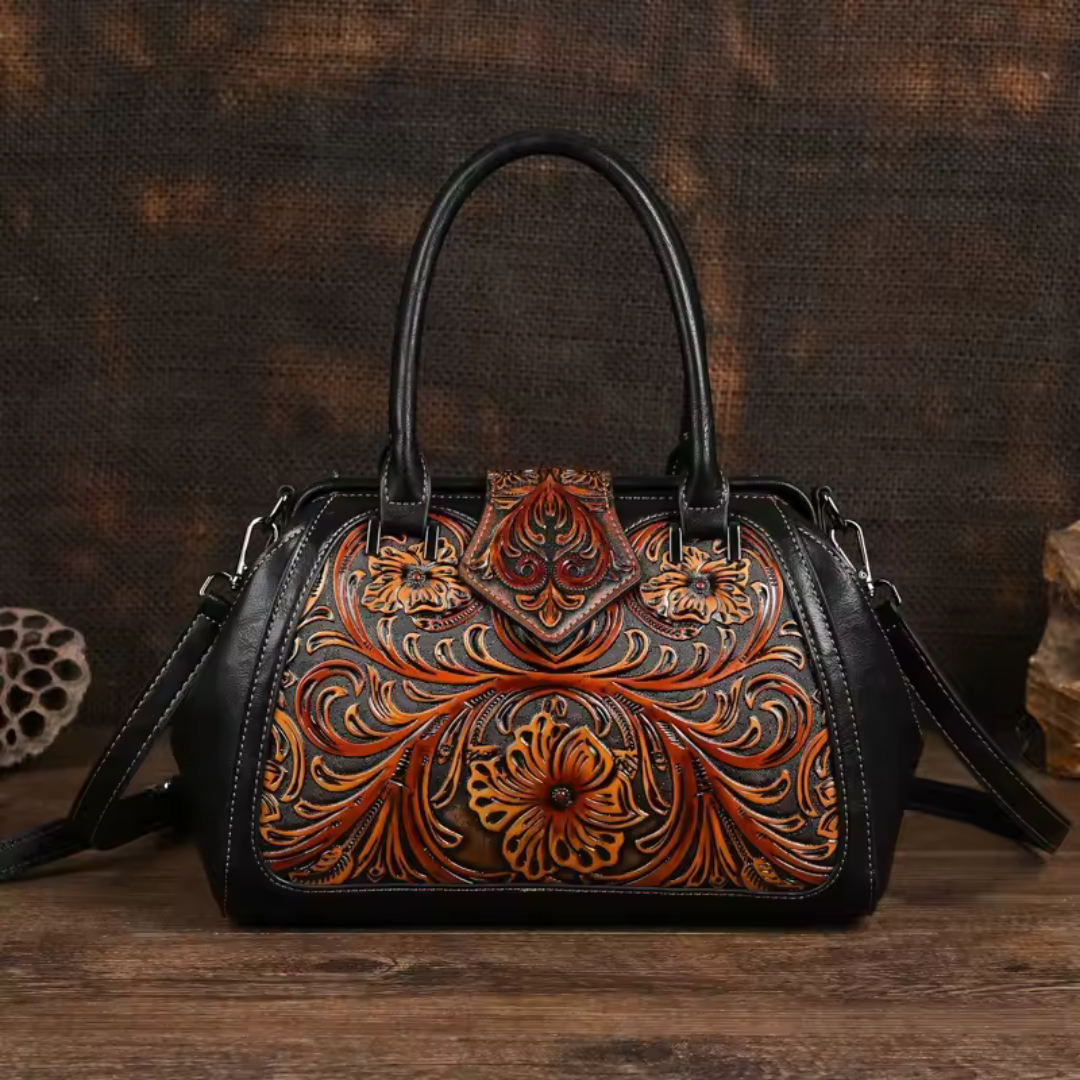 Florina - Leather Handbag with Engraving and Floral Motif