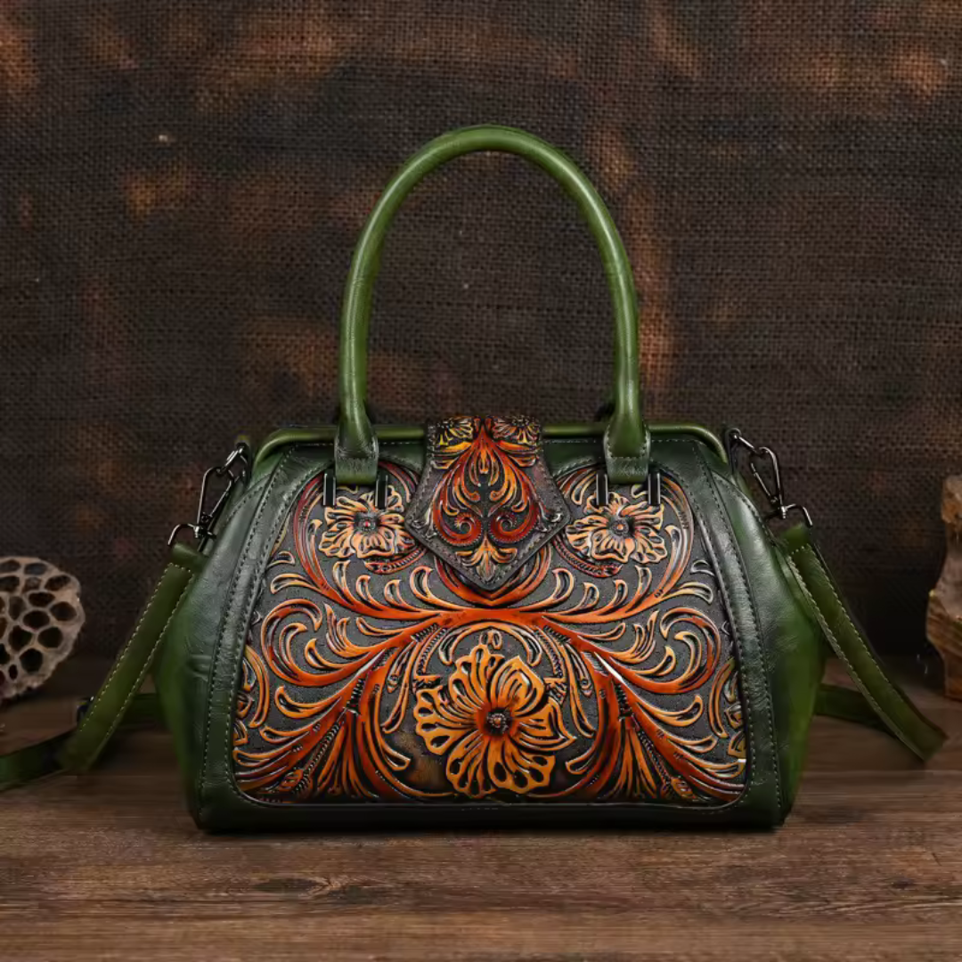 Florina - Leather Handbag with Engraving and Floral Motif