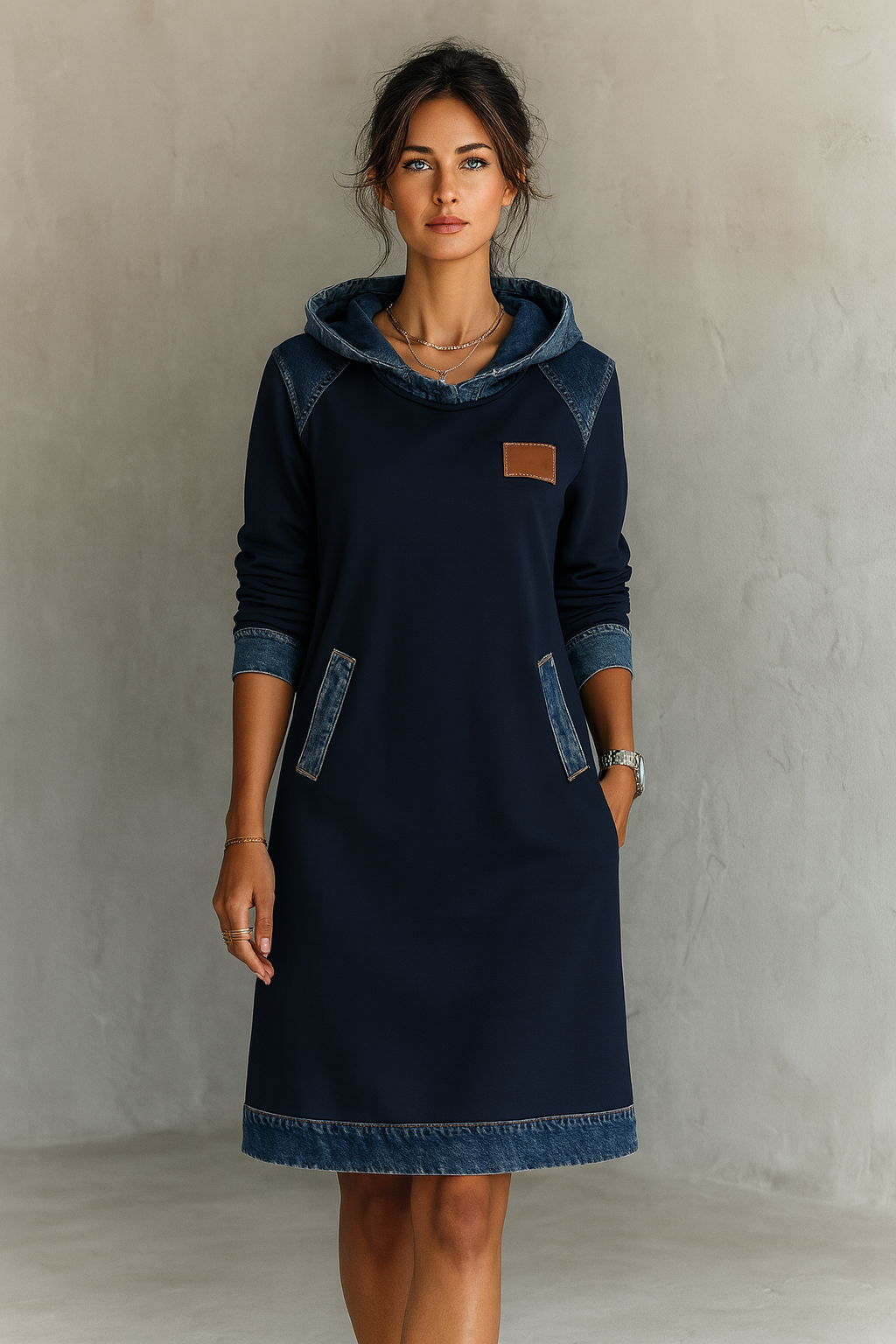Julia | Hooded Dress with Denim Inserts