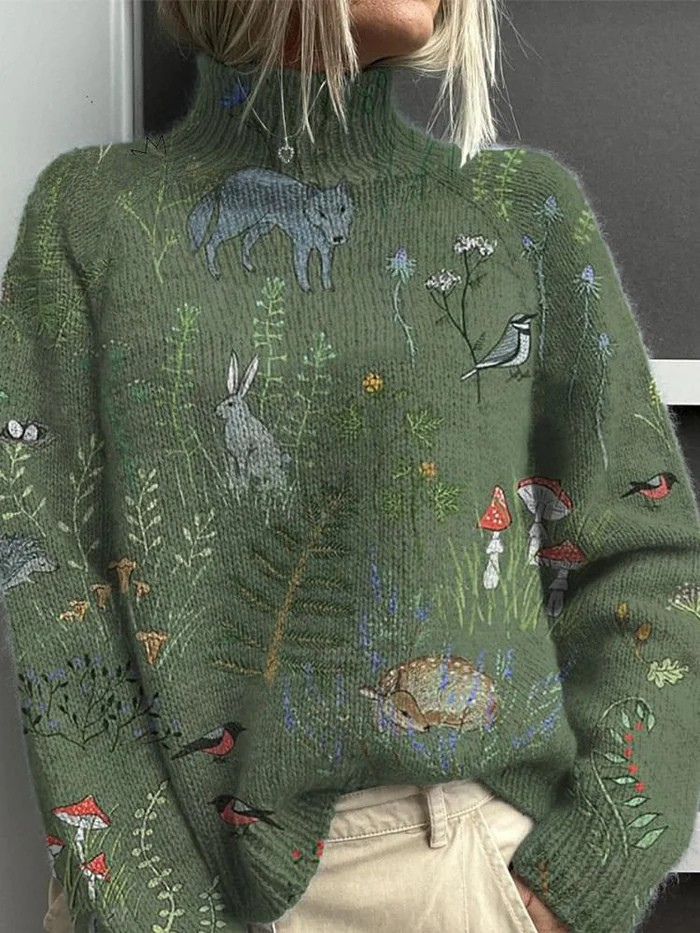 Norma™ | Knitted forest and animal print turtleneck sweater