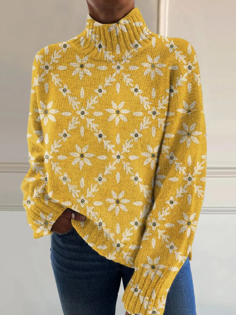 Claudette™ | Vintage colourful floral block print turtleneck sweater
