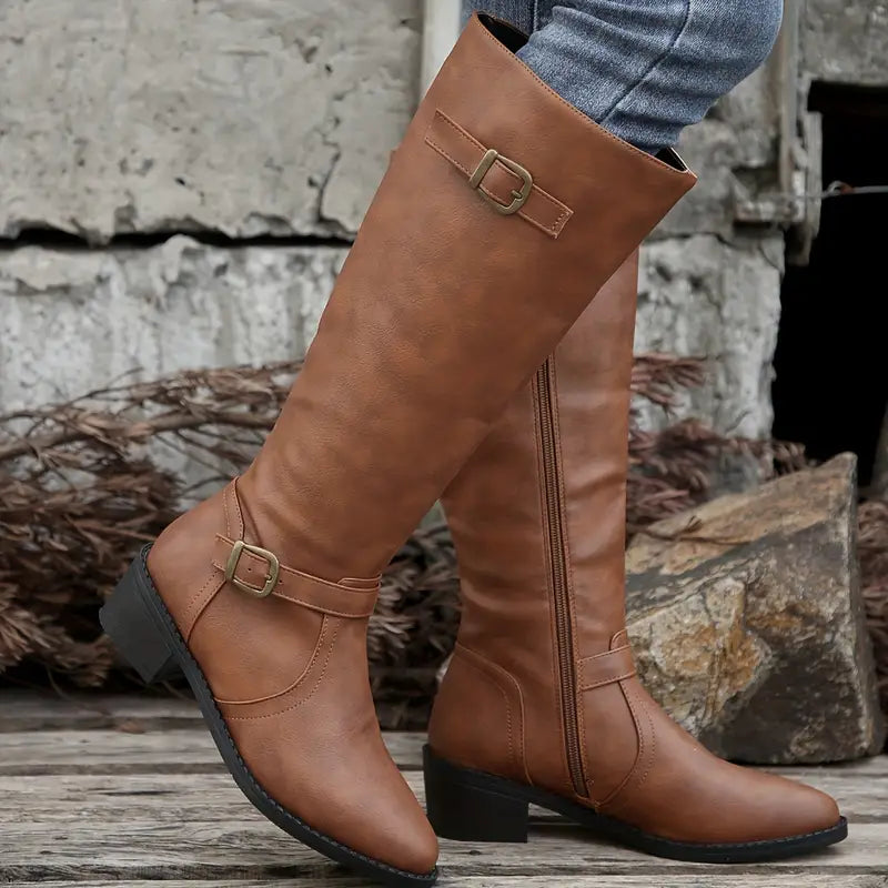 Amelia™ | Chunky Heel Mid Calf Zipper Boots