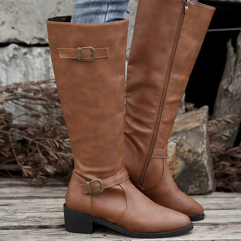 Amelia™ | Chunky Heel Mid Calf Zipper Boots