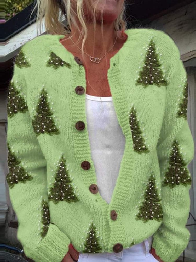 Noelle – Women's Lovely Christmas Tree Art Print Buttoned Cardigan Sweater