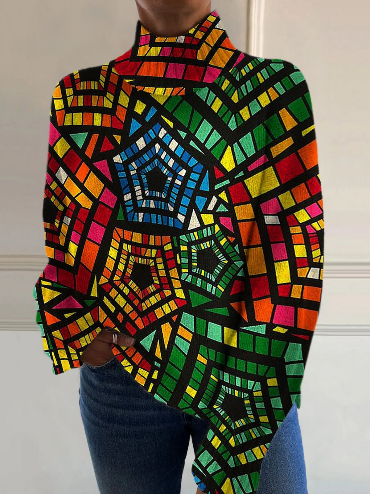 Pauline | Retro colourful geometric print turtleneck sweater