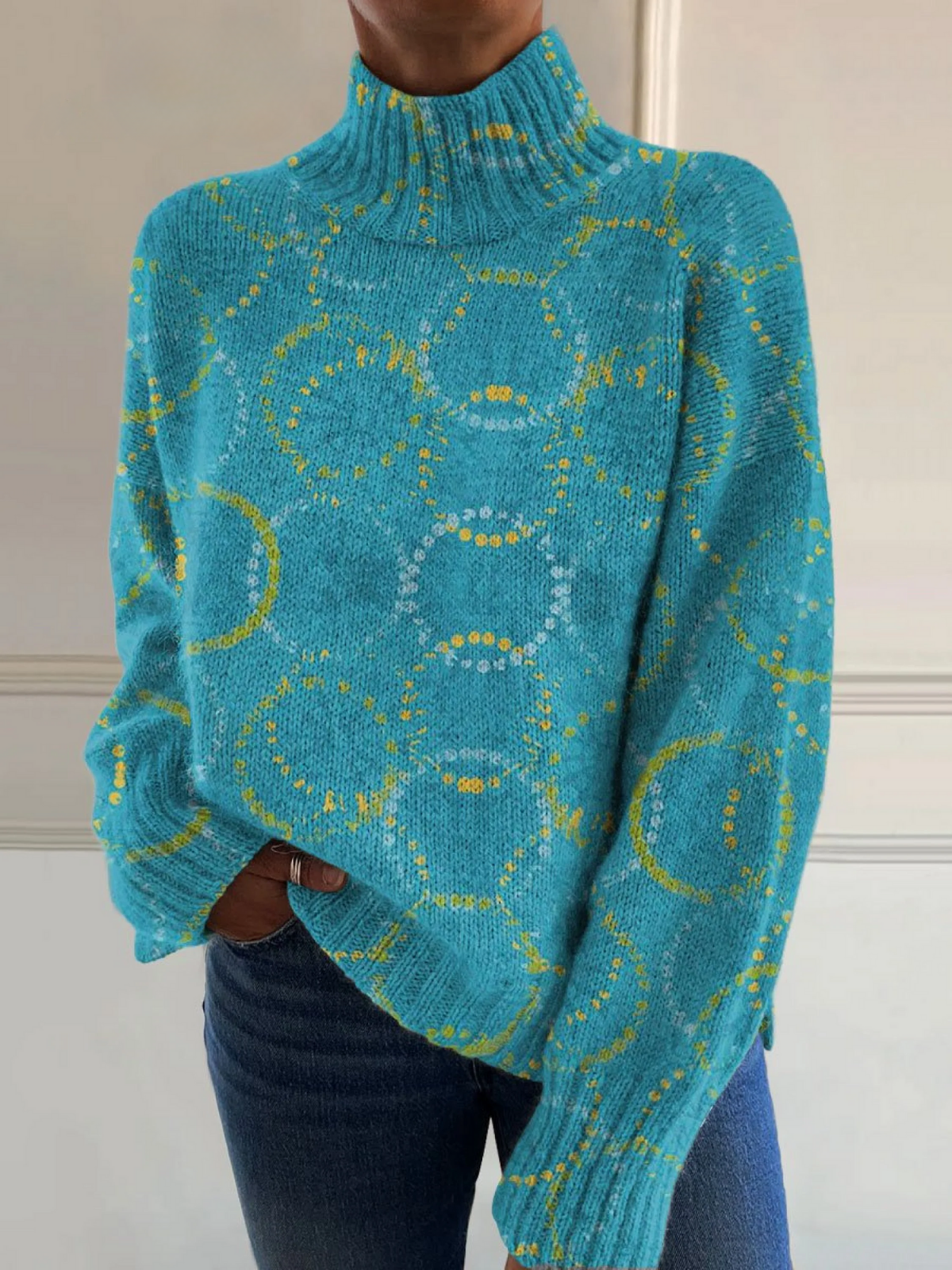 Dolores™ | Bright circular art print turtleneck sweater