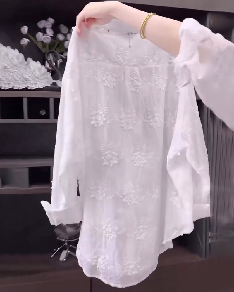 Anneliese™ | Embroidered Solid Color Shirt with Dropped Shoulders