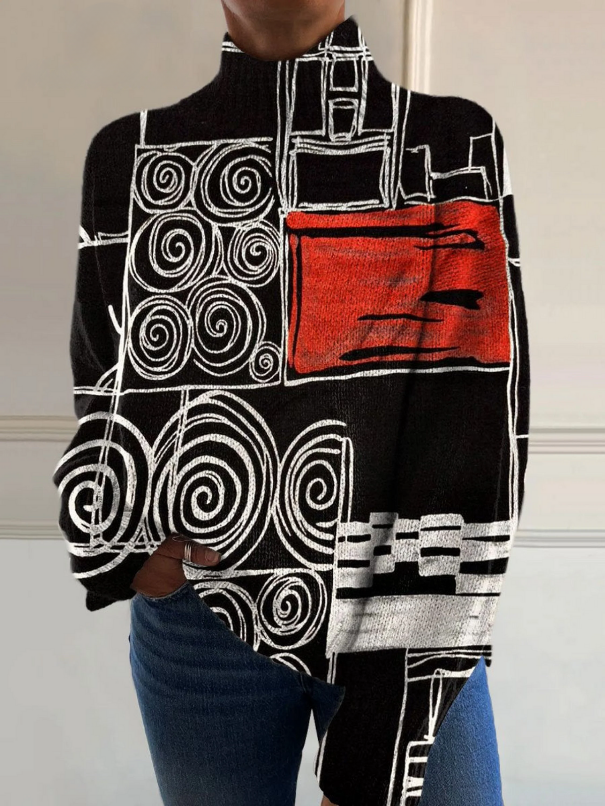 Loretta™ | Abstract colour block print turtleneck sweater