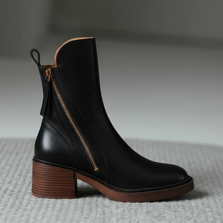 Valorine | Black leather boot with a comfortable heel, elegant and timeless