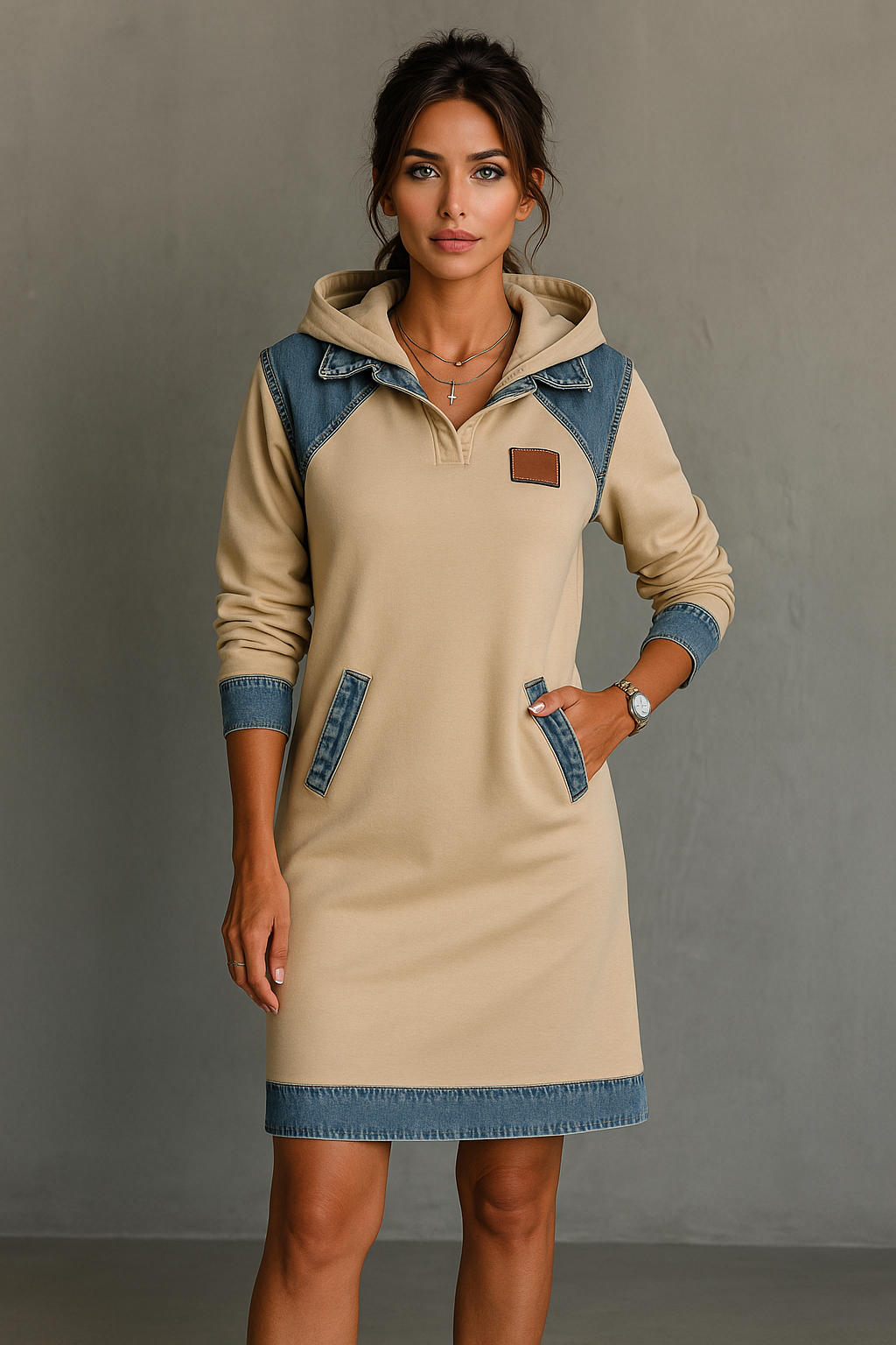 Julia | Hooded Dress with Denim Inserts