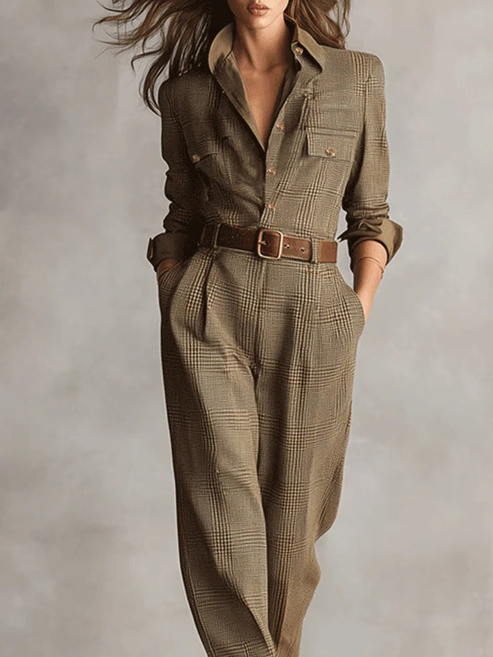 Zoë | Refined tweed texture check utility jumpsuit